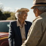 an elderly person is stepping into a car, being greeted by a friendly driver on a sunny day.
